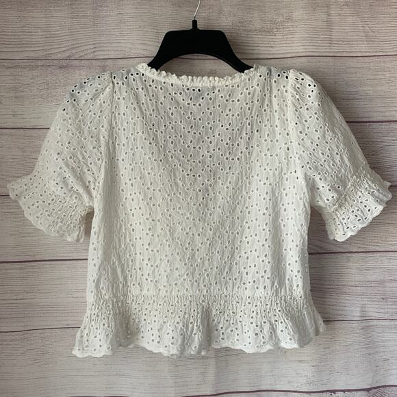 Lulus Sweet Sunshine White Eyelet Lace Crop Top Puff Sleeves Tie String Size S - Picture 5 of 11